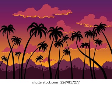 California sunset landscape. Coast wallpaper with black silhouette palm trees. Nature panorama of scenic violet-orange sky, tropical forest and mountains. Vector illustration