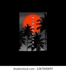 California sunset logo badge on black background graphics for t-shirts and other print production. Vector illustration for design. Palm tree silhouette sunset concept.