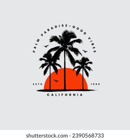 California sunset logo badge on white background graphics for t-shirts and other print production. Palm tree silhouette concept. Vector illustration. Flat style design.