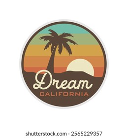 California sunset palm tree emblem logo design with vintage vibe, vector illustration