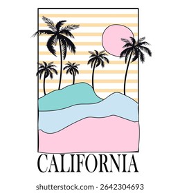 California Sunset Palm Tree Retro Summer Design.
 Artistic pastel California beach scene with palm trees and sun – ideal for vacation prints, apparel, and surfing lovers.