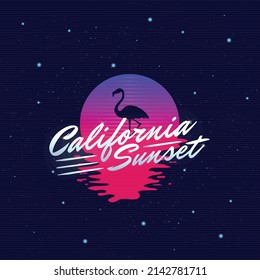 California Sunset retro neon logo. 80's logo design with flamingo silhouette. Vector logo template.