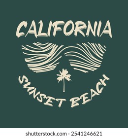 Camiseta con estilo de la puesta del sol de California y diseño abstracto de la ropa. Vector impreso, tipografía, cartel