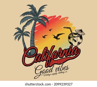 California sunshine retro graphic print design for t shirt print, poster, sticker, background and other uses. Palm tree with birds print artwork.
