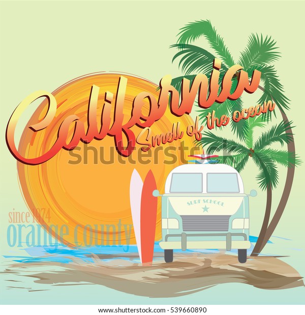 California Surf Beach Illustration Print Stock Vector (Royalty Free ...