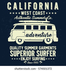 California surf bus, superior surfer, adventure typography, t-shirt graphics, vectors