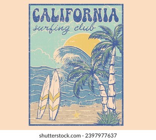  California surf club. Enjoy beach life. Summer good vibes retro slogan with sun vector artwork. Beach wave t-shirt prints and other uses. Ocean wave vintage graphic print design.