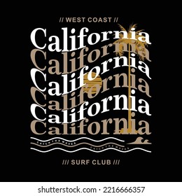 california surf club stylish t-shirt design with palm trees abstract, typography, print, vector illustration. 