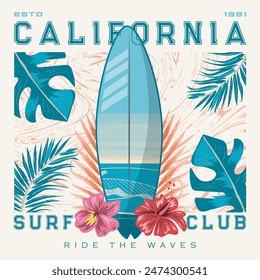 California Surf Club. Surfbrett Vektorgrafik, Hawaii, Aloha Surf Typografie für T-Shirt-Druck , Vektorillustration, Typografie-Slogan, Blumensommer Print Hintergrund Vektorillustration. T-Grafikdesign