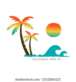 CALIFORNIA SURF CO., PALM TREE  WAVE AND SUN GRADIENT,  Graphic design summer print t-shirts fashion, illustration, vector, posters, cards, stickers, mug