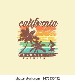 California surf colorful  Ocean side stylish t-shirt and apparel trendy design with palm trees silhouettes, typography, print, vector illustration. Global swatches.