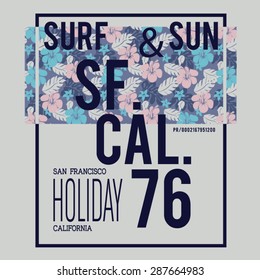 California surf flowers typography, t-shirt graphics, vectors