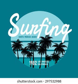 California surf illustration, vectors, t-shirt graphics
surfing apparel t shirt fashion design, 
summer beach palm tree tee graphic,
typographic art, 
state west coast travel souvenir