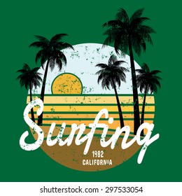 California surf illustration, vectors, t-shirt graphics
surfing apparel t shirt fashion design, 
summer beach palm tree tee graphic,
typographic art, 
state west coast travel souvenir