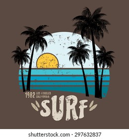 California Surf Illustration, Vectors, T-shirt Graphics Surfing Apparel T Shirt Fashion Design,  Summer Beach Palm Tree Tee Graphic, Typographic Art,  State West Coast Travel Souvenir