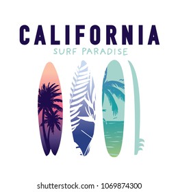 California surf paradise vector print.Surfboards vector print.