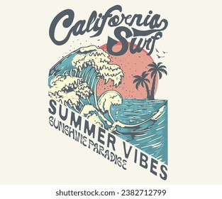 California surf. Perfect wave. Long beach print design artwork. Beach Paradise Print t shirt graphics design, typography slogan on palm trees background. Summer beach vibes. Surfing club. Ocean wave.