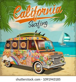 California Surf poster with retro bus.