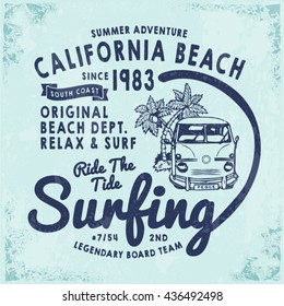 California Surf print for tee or apparel. Retro artwork with summer elements and handwritten typography. Old school vector graphic for fashion and printing. Vintage effects are easily removable.