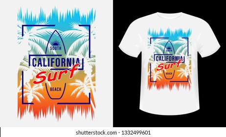 California Surf print t-shirt. The slogan on the backdrop of palm trees and sunset. Beautiful vector illustration