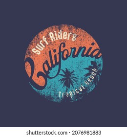 California Surf Rider Typography Beach Vintage Grunge Background Palm Tree Graphic Illustration For T Shirt Print Design, Stamp,sign,emblem Vector 