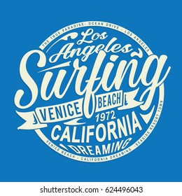 Tipografía deportiva de surf de California, gráficos de camisetas, vectores