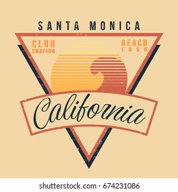 California surf sport typography. Vintage t shirt graphic 80s style. Vector