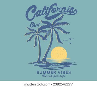 California surf t shirt print. Summer good vibes. Paradise Print t shirt graphics design, typography slogan on palm trees background.  Beach summer time vintage print design artwork.  Pam tree.