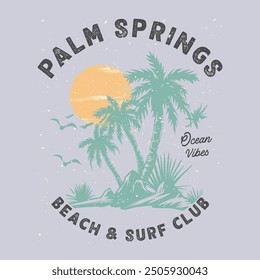 California surf t shirt print. Summer good vibes. Paradise Print t shirt graphics design, typography slogan on palm trees background. Beach summer time vintage print design artwork. Pam tree.