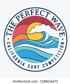 California surf theme text with waves and and sun vector illustrations. For t-shirt prints and other uses.