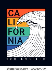 California surf theme text with waves and  vector illustrations. For t-shirt prints and other uses.