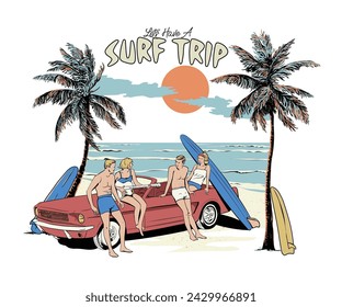 california surf trip vector illustration, retro vintage summer beach artwork, surfing beach design for t shirt, poster, graphic print, friends on beach 