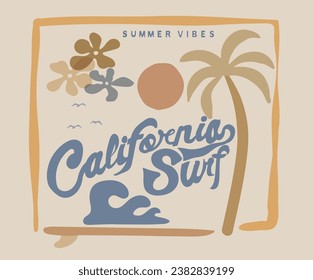 California surf. Tropical flower print design. Beach Paradise Print t shirt graphics design, typography slogan on palm trees background. Summer beach vibes. Ocean wave modern art.