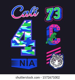 California surf typography with flashy color design, tee shirt graphics, vectors