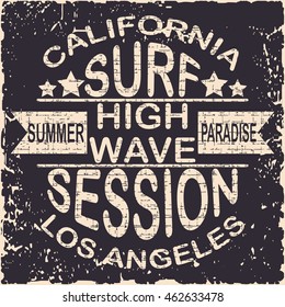 California surf typography, Los Angeles, summer paradise. For t-shirt or other uses. Stock Vector Illustration.