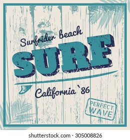 California surf typography with surfboard. Vintage print on t-shirt. Vector illustration