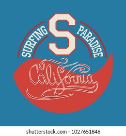 California surf typography, t-shirt graphics, Abstract, poster, print, banner, flyer, postcard. Vector illustration.