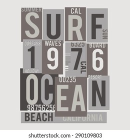 Tipografía de surf de California, gráficos de camisetas, vectores