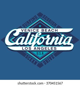 California surf typography, t-shirt graphics, vectors