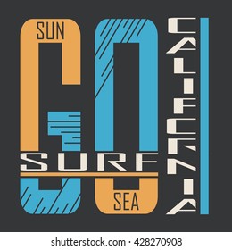 California surf typography, t-shirt graphics, Abstract,  Stock Vector Illustration, Print Design. 