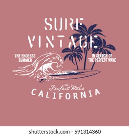 california surf typography, t-shirt graphics , vectors.palm tree silhouette