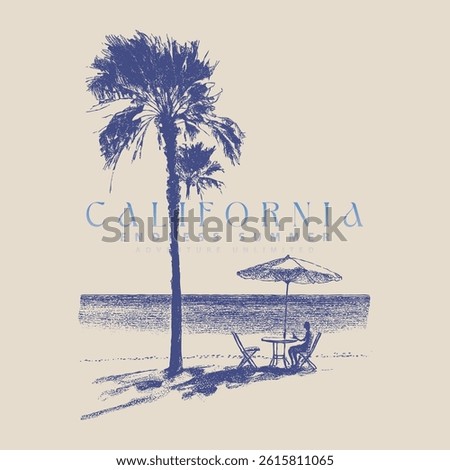 California surf typography, t-shirt graphics, vectors.palm tree silhouette, surf graphic. T-shirt Printing. Surfing Design.Vector illustration on the theme of surfing and surf rider in California