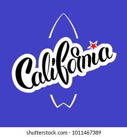 California Surf Typography for t-shirt print. Vector illustration with Inscription "California". Surfboard. Vintage hand lettering emblem of Surf club with surfing board. 
