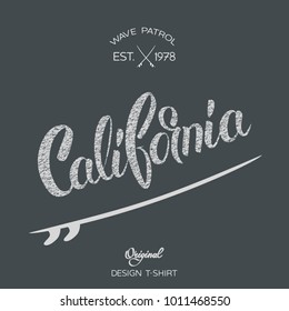 California Surf Typography for t-shirt print. Vector illustration. Inscription"California" with a Grunge effect. Surfboard.