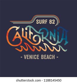 California Surf Vintage Apparel Print Design. Venice Beach Retro Fashioned T Shirt Badge. Vector Illustration.