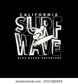 California Surf Wave line drawn typography black and white surfer poster design