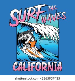 California Surf the Waves, shark mascot cartoon surfing vector illustration