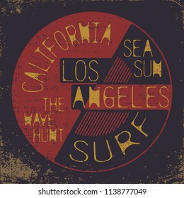 California surf wear typography emblem. Surfing t-shirt graphic design. Surfers print stamp. Creative design. Vector.