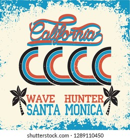California surf wear typography emblem. Surfing t-shirt graphic design. Surfers print stamp. Creative design. Vector.