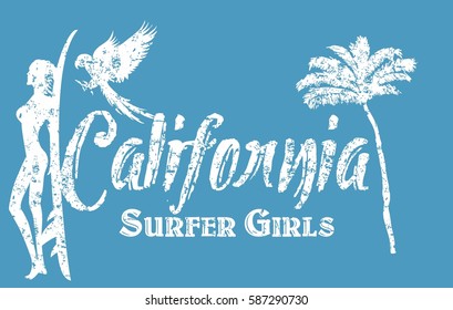 California surfer girls graphic design vector art